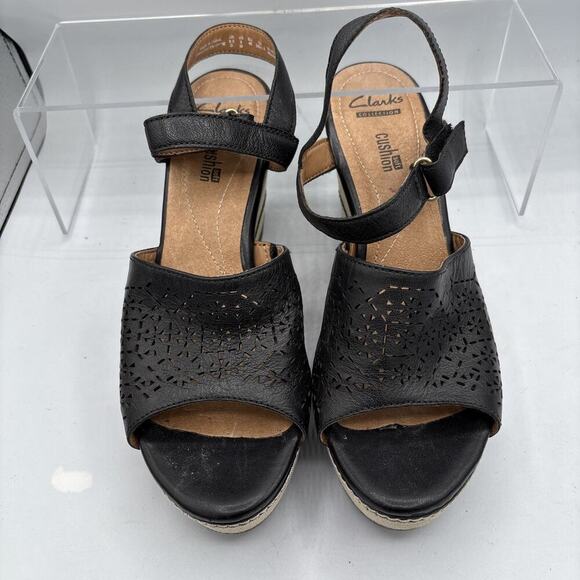 Clarks Collection Soft Cushion Espadrille Wedge Sandal Black Laser Cut US 9M - Picture 4 of 10
